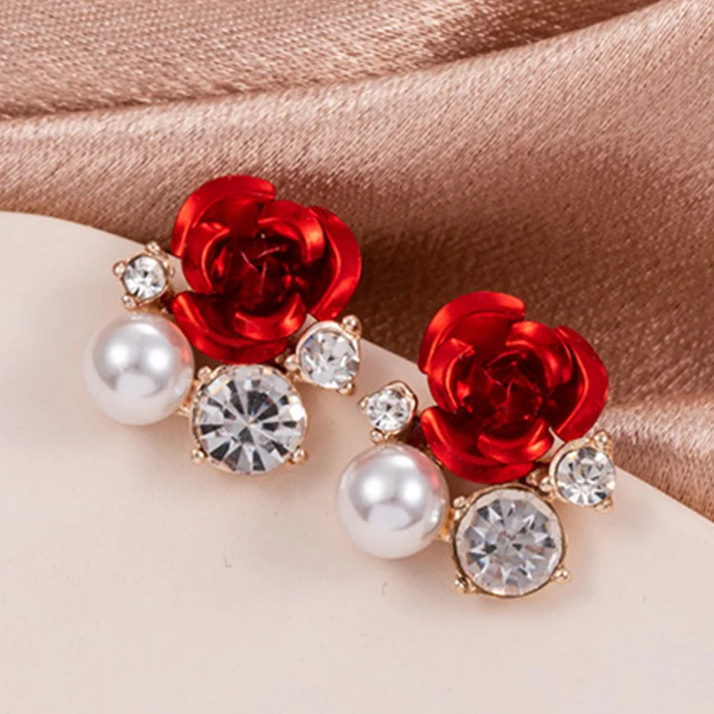 Fashion Red Rose Rhinestone Stud Earrings For Women Butterfly Angel Wings Pearl Flowers Earring Bride Wedding Engagement Jewelry