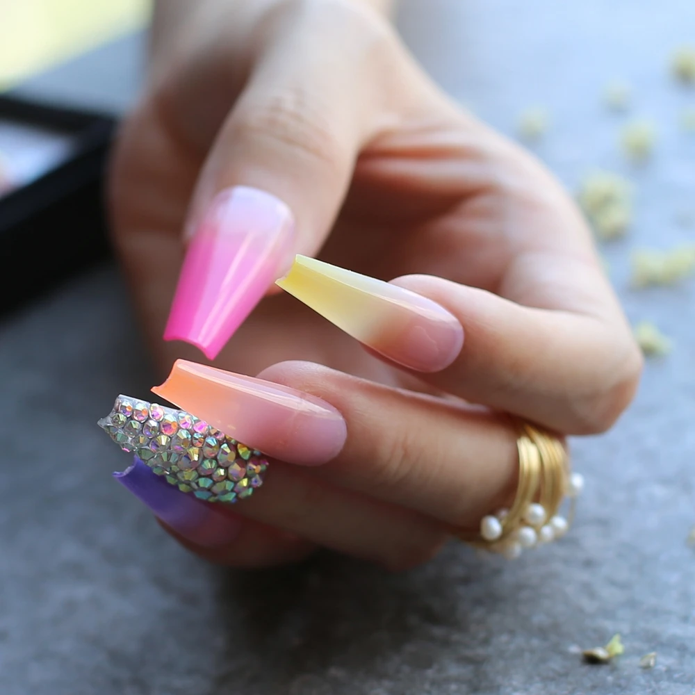 luxury coffin AB Rhinestone summer false nails ombre Rainbow French coffin Extra fake nail Crystal sparkleYellow orange red nud