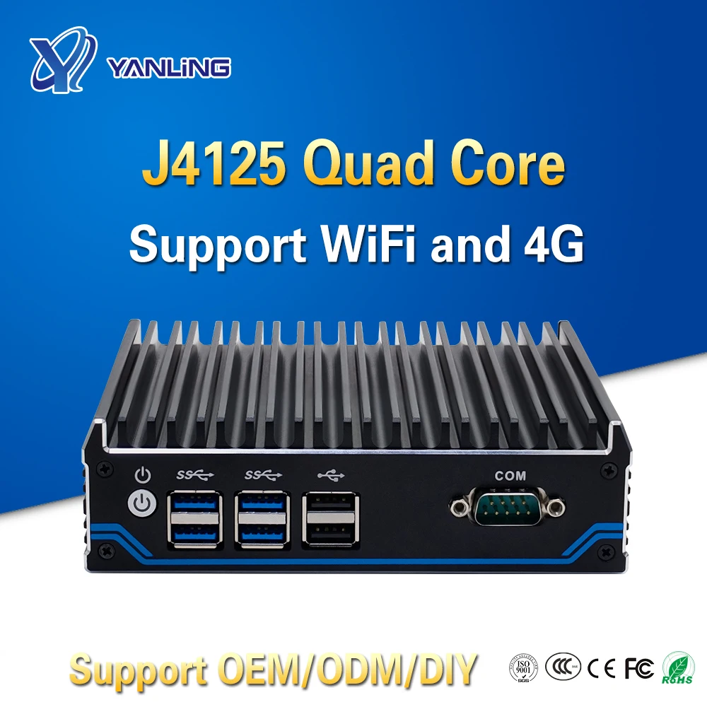 Yanling Intel Celeron J4125 CPU 2.0GHz Mini PC industrial 2.7GHz Mini PC para Win10 Linux