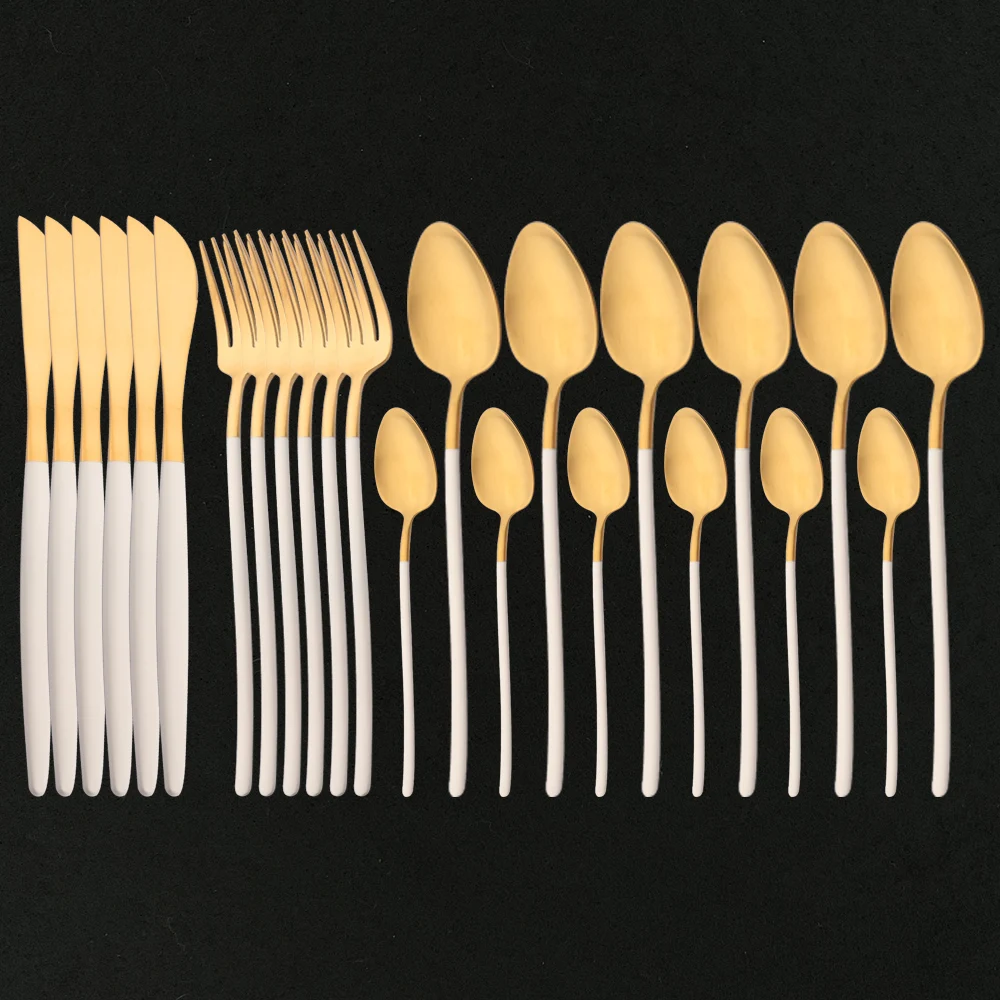 24Pcs/Set Matte Gold Tableware Set 304 Stainless Steel Dinnerware Set Gold Cutlery Set Knife Spoon Fork Kitchen Flatware Set