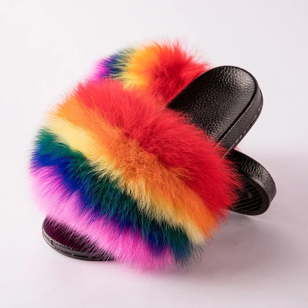 

MPPM Real Fox Fur Slides For Women Fluffy Fur Slippers Fluffy Flip Flops Natural Color Fur Slides