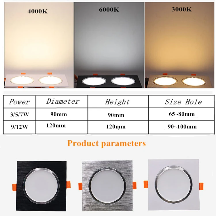 Oprawy LED typu Downlight 3W5W7W9W12W AC85-265V kwadratowe srebrne czarne białe lampa sufitowa LED Down Light do kuchni oświetlenie wewnętrzne domu