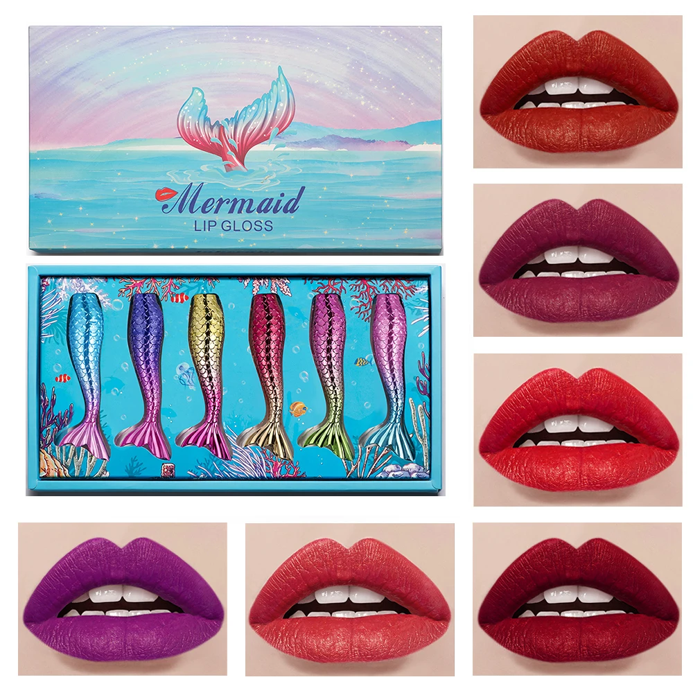 6Pcs/set Matte Lip Gloss Set Liquid Lipstick Waterproof Moisturizing Mermaid Lipstick Velvet Lip Tint Kit Beauty Cosmetics Set