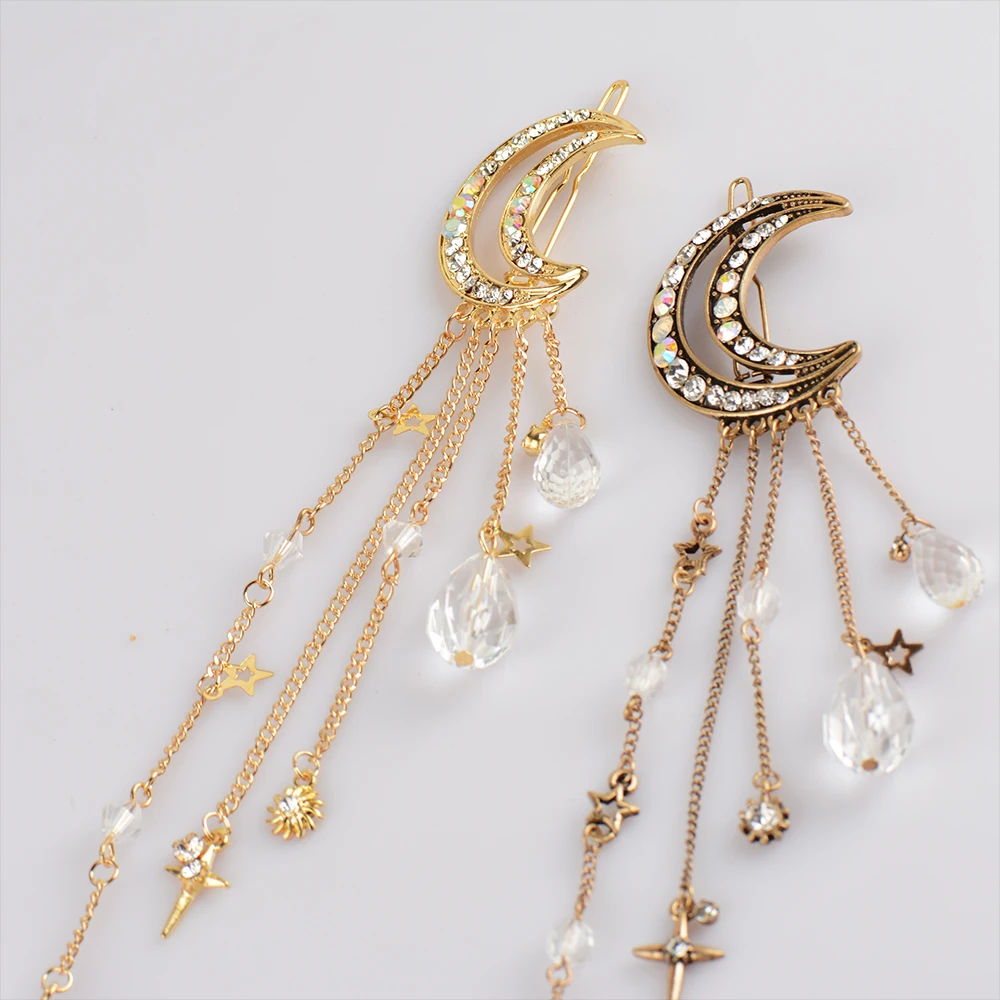 2022 New Fashion Star Moon Crystal Headwear HairPins Hair Clips Women Girls Trendy Long Tassels Hair Accessories Jewelry Gift