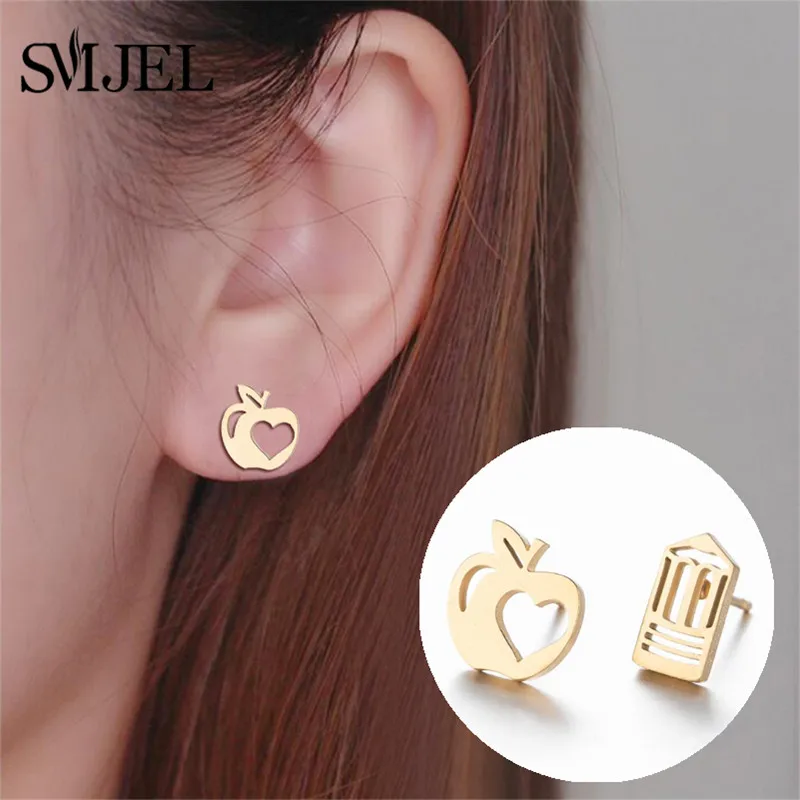 Pendientes con forma de lápiz de manzana de dibujos animados para mujer, joyería asimétrica de moda divertida con personalidad, regalo de fiesta de