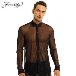 Transparent Mens Shirt Fashion See Through Mesh Long Sleeve Shirt Clubwear Soft Top Shirt for Party Prom Marriage Event Shirt