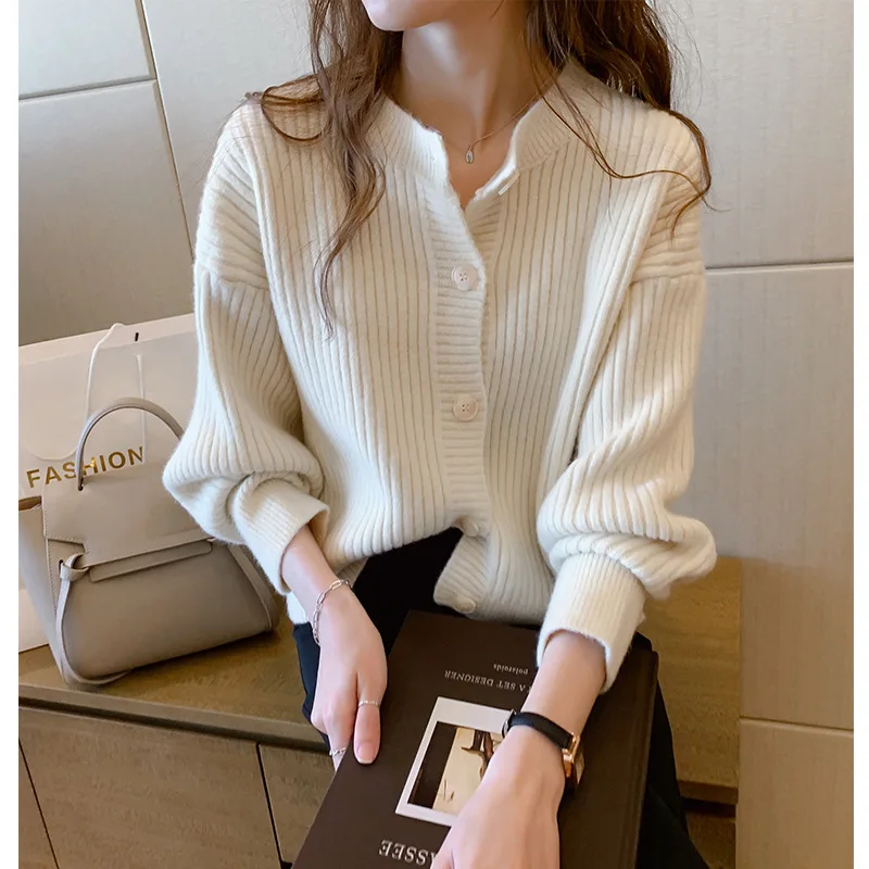 Korean White Cardigan Sweater Women Chic Lovely Fashion Lantern Sleeve Knitwear Loose Ulzzang Solid Fall Winter Top Female Coats