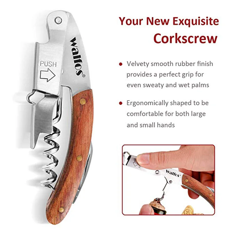 WALFOS High Quality Wood Handle Professional Wine Opener Multifunction Portable Screw Corkscrew Wine Bottle Opener Sea Horse