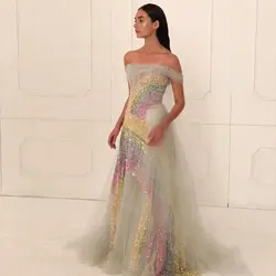 Gorgeous Sparkle Prom Dress Off the Shoulder Rainbow Sequined Layered Puffy Tulle Floor Length Pageant Gown Sizes Available