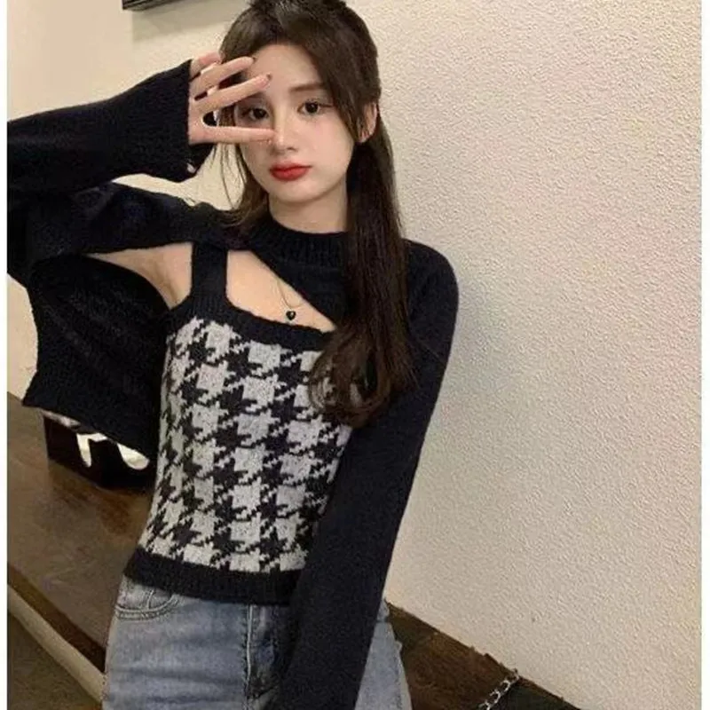 2 Piece Set Women's Knitwear 2021 Autumn Newly Houndstooth Camis and Irregular Long Sleeve Shawl Blouse Top Pull Femme