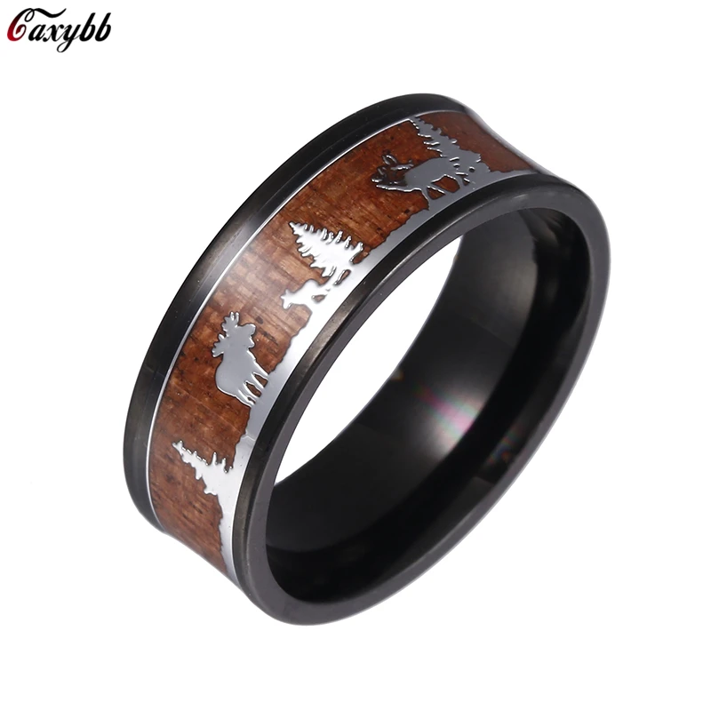 Men's Ring Black Tungsten Carbide Hunting Ring Wooden Wedding Ring 316L Inlaid Wooden Ornament Deer Circle Christmas Gift