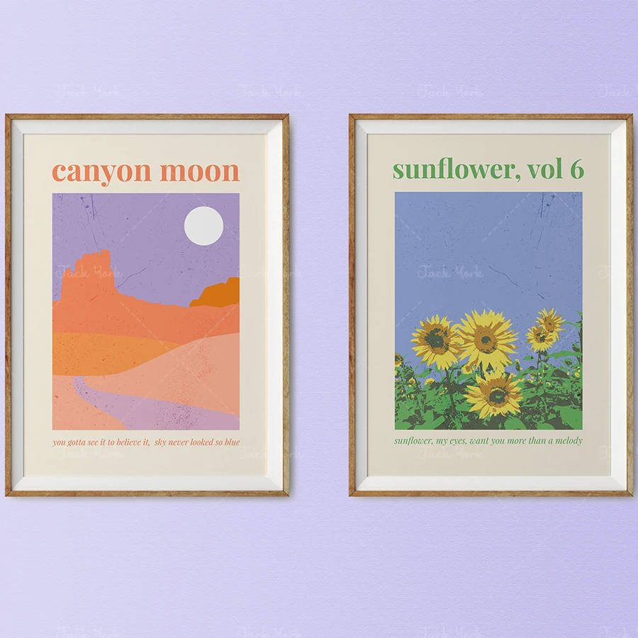 

set of 2 murals, digital download, bedroom print, printable poster, canyon moon, sunflower