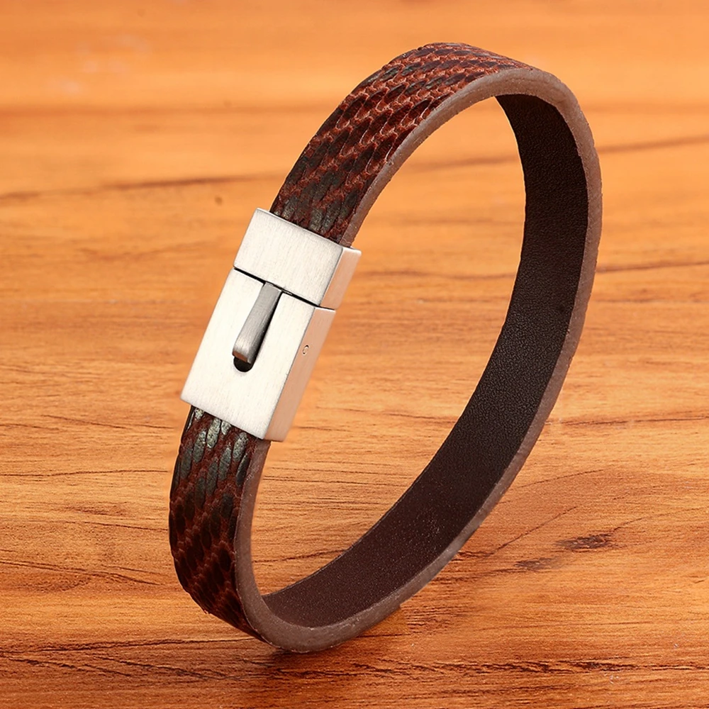 XQNI Classic Simple Style Leather Texture Stainless Steel Push Button Men\'s Leather Bracelet Handsome Boy Special Gift Discount