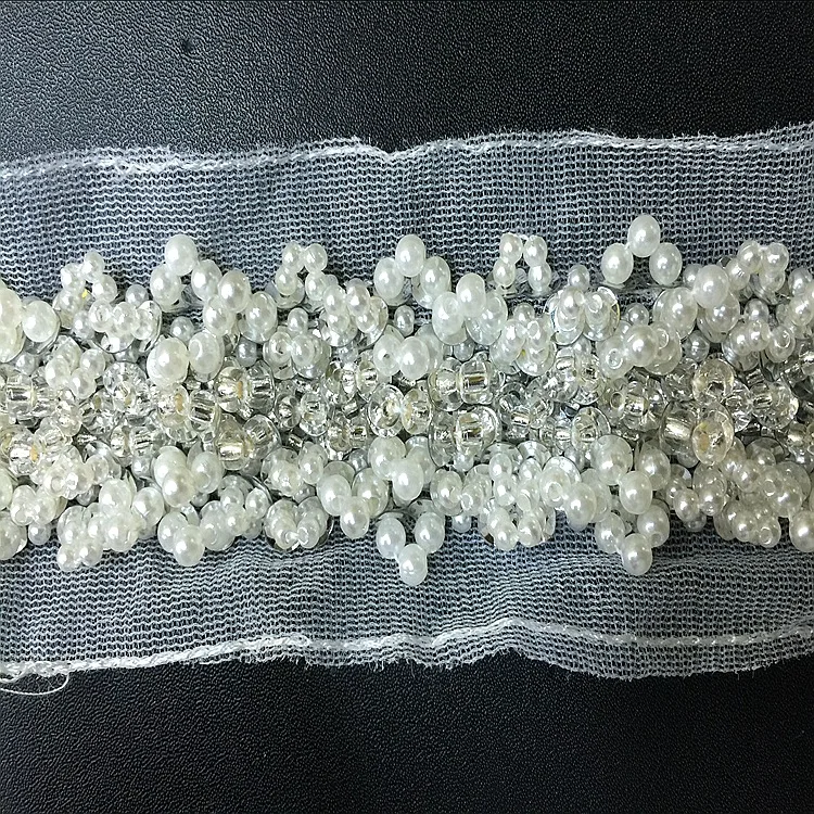 2Yards White Pearl Sequin Embroidered Lace Trim Ribbon Fabric Handmade DIY Wedding Dress Sewing Supplies Craft Mesh Lace Fabric