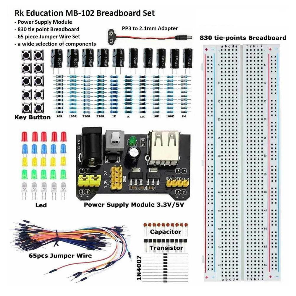 Conjunto de componente eletrônico do capacitor mb102, caixa de ensaio com led