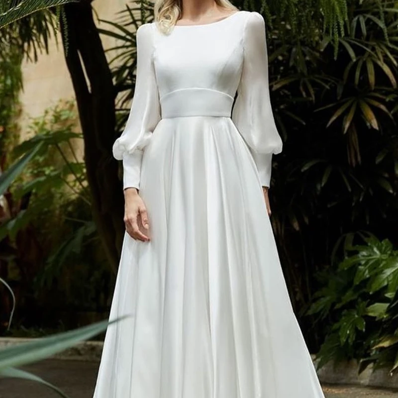 Vestido De boda De manga larga con Espalda descubierta, prenda De vestir elegante De satén Simple con escote triangular, 2021