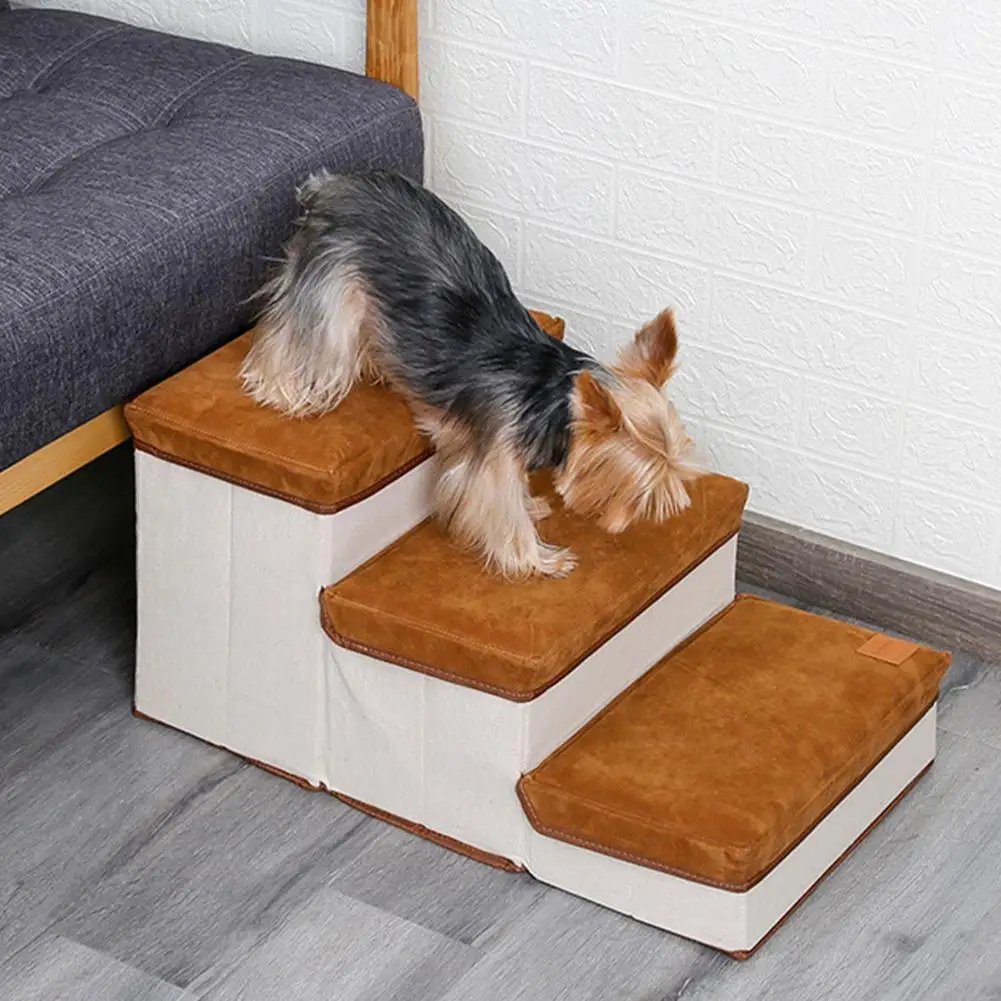 Dog Stairs Foldable Storage Pet Stairs Comfortable Non-slip Puppy Climbing Ladder Three Steps Pet Dog Stairs On Bed & Sofa