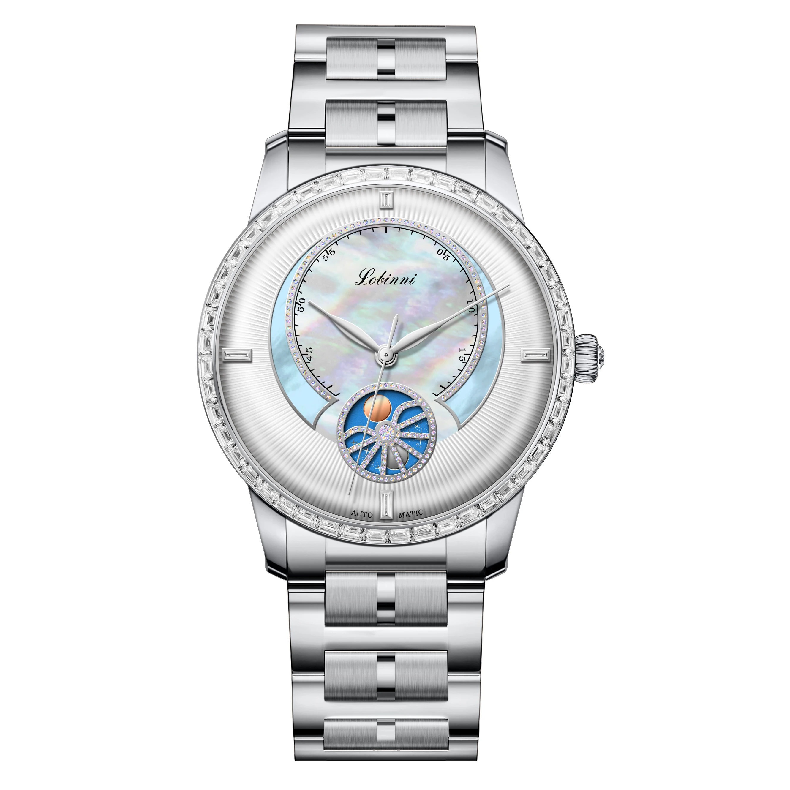 

LOBINNI Ladies Luxury Watches Female Automatic Self Wind Mechanical Wristwatch Sapphire Pearl Dial Sun Moon Dial Austria Crystal