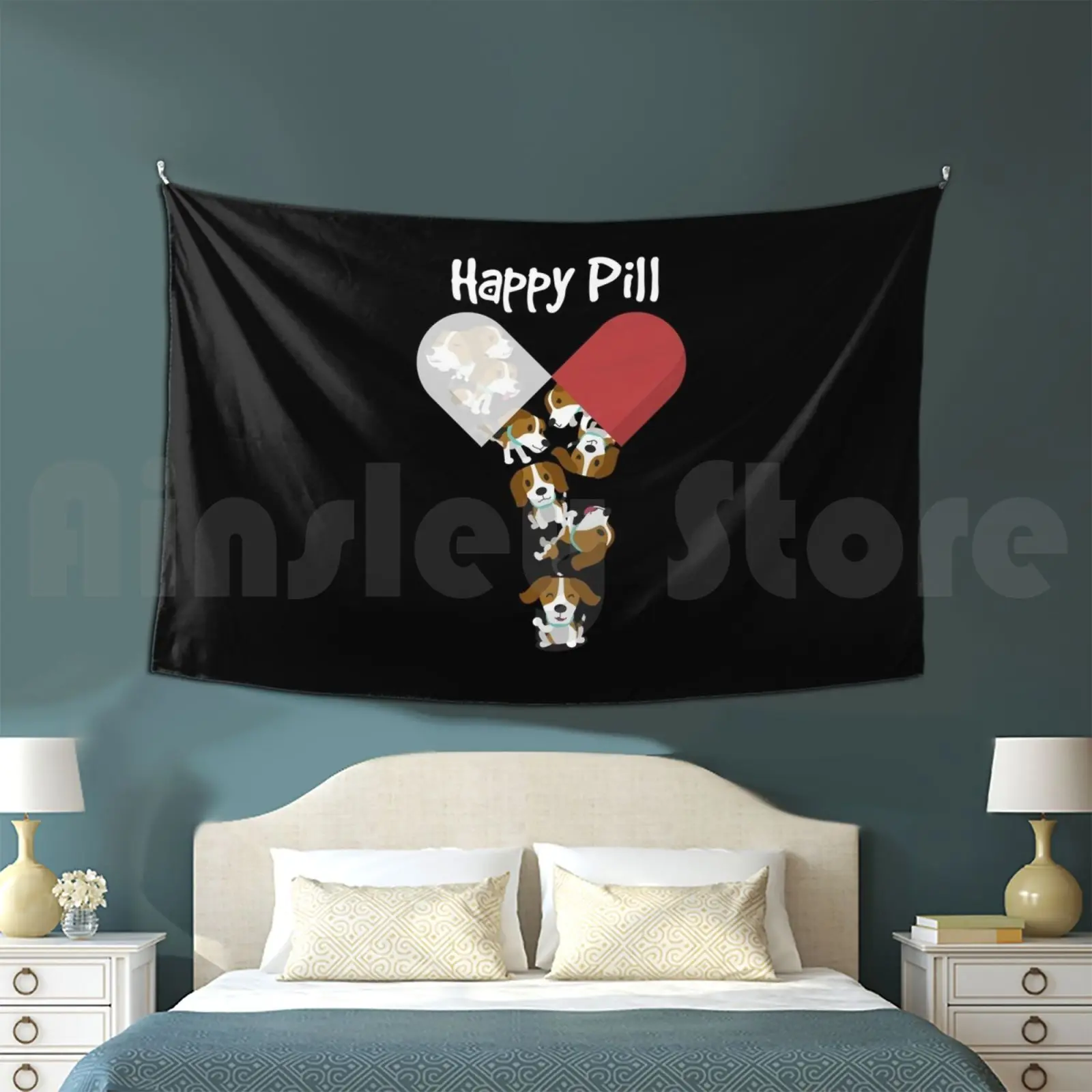 Beagle Dog Happy Pill Shirt Beagle Mom Dad Gift Tapestry Living Room Bedroom Beagle Dogs Cute Cartoon Graphic Beagle