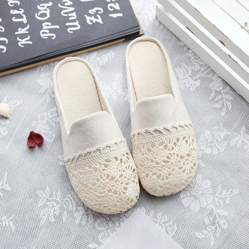 Careaymade-Wear fisherman's sandals Spring and Summer lace cut-out Baotou half slippers fairy cotton hemp single net lazy shoes