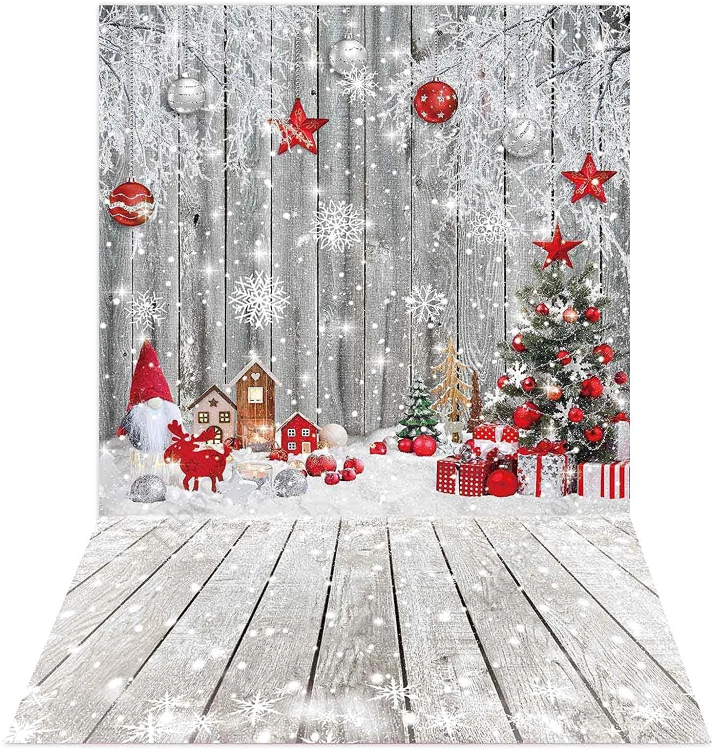 Red Christmas Wood Gnome Backdrop for Photography Winter Wonderland Wooden Floor Holiday Snowflakes Let It Snow Birthday Party