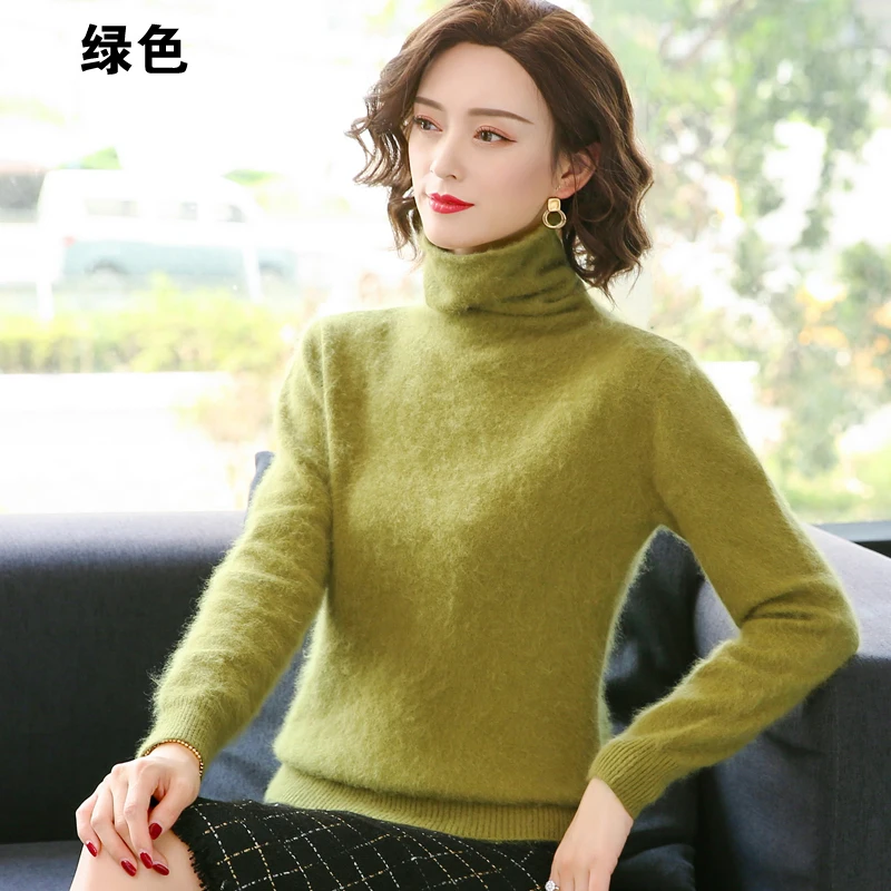 Nguyên Chất 100% Chồn Áo Len Nữ Ngắn Mùa Đông Mới Cashmere Áo Len Size Lớn Đan Áo Thun Chui Đầu Dày Cổ Cao Top Nữ Áo Sơ Mi 2021