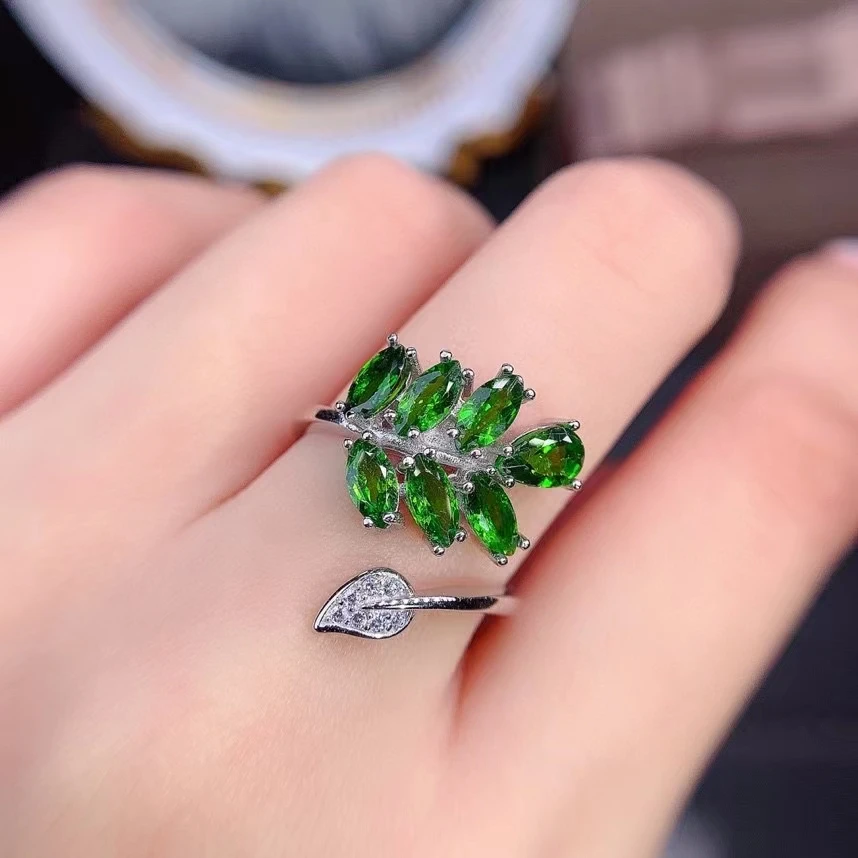 Fine Jewelry 925 Sterling Silver Inlaid With Natural Gemstones Luxury Elegant Leaf Diopside Women's OL Style Open Ring Support D