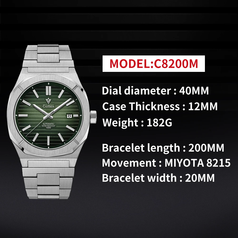 CADISEN 40mm New Design Men Watch Retro Luxury Sapphire MIYOTA 8215 Automatic Mechanical Watches Green10Bar Luminous Wristwatch