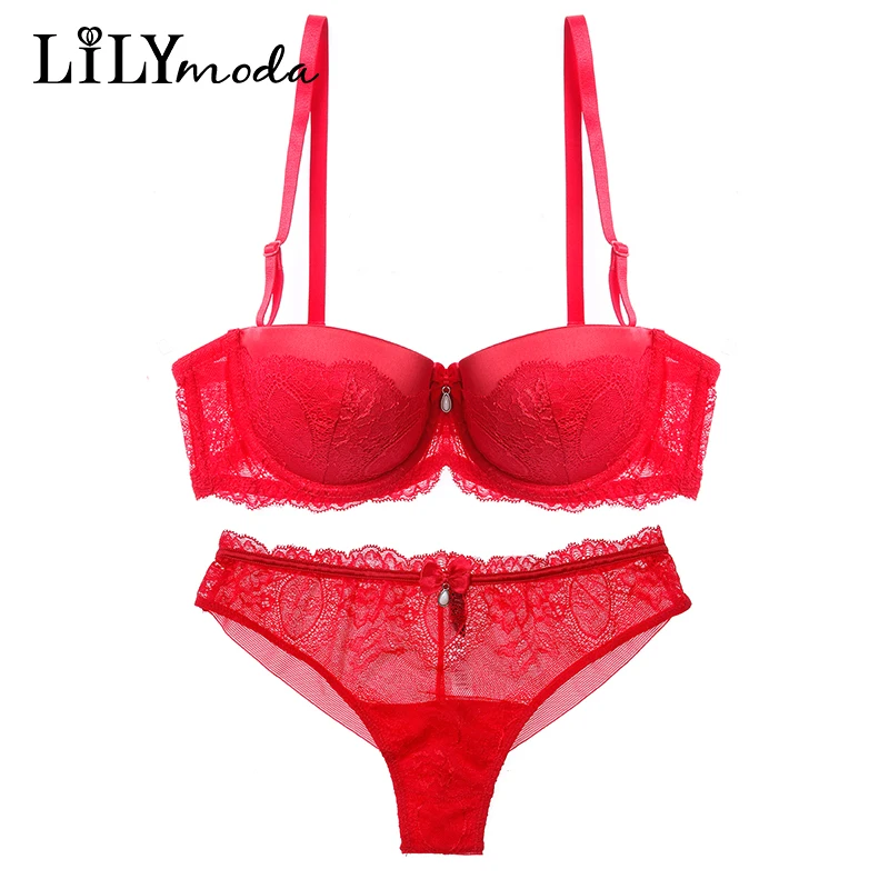 Women Lingerie Sets Lace Pearl Decoration Bra and Panties Red Hot Bra Set Sexy Thongs Seamless Brief Underwear Push Up Brassiere