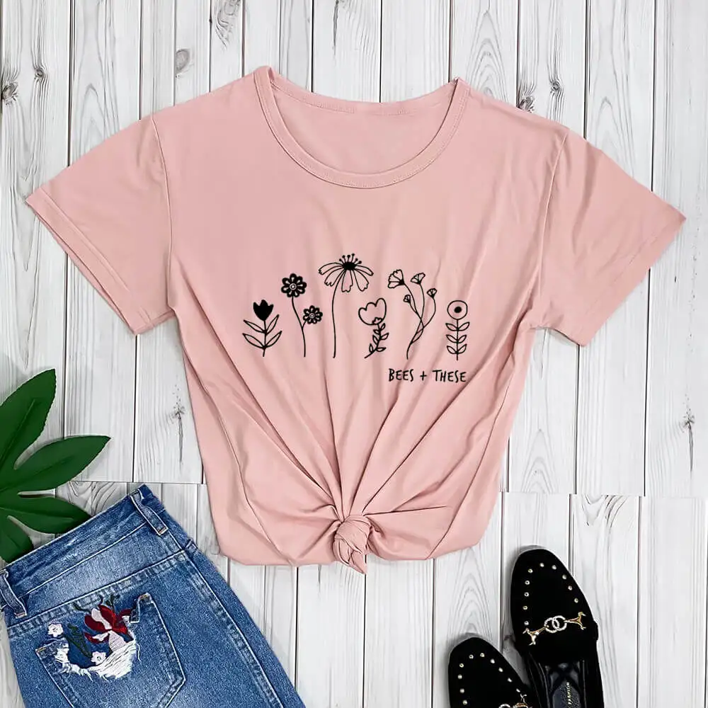 Bees and These Flower Plant Graphic Print Shirt New Arrival Women Casual 100%Cotton Funny T Shirt Nature Flowers Shirt