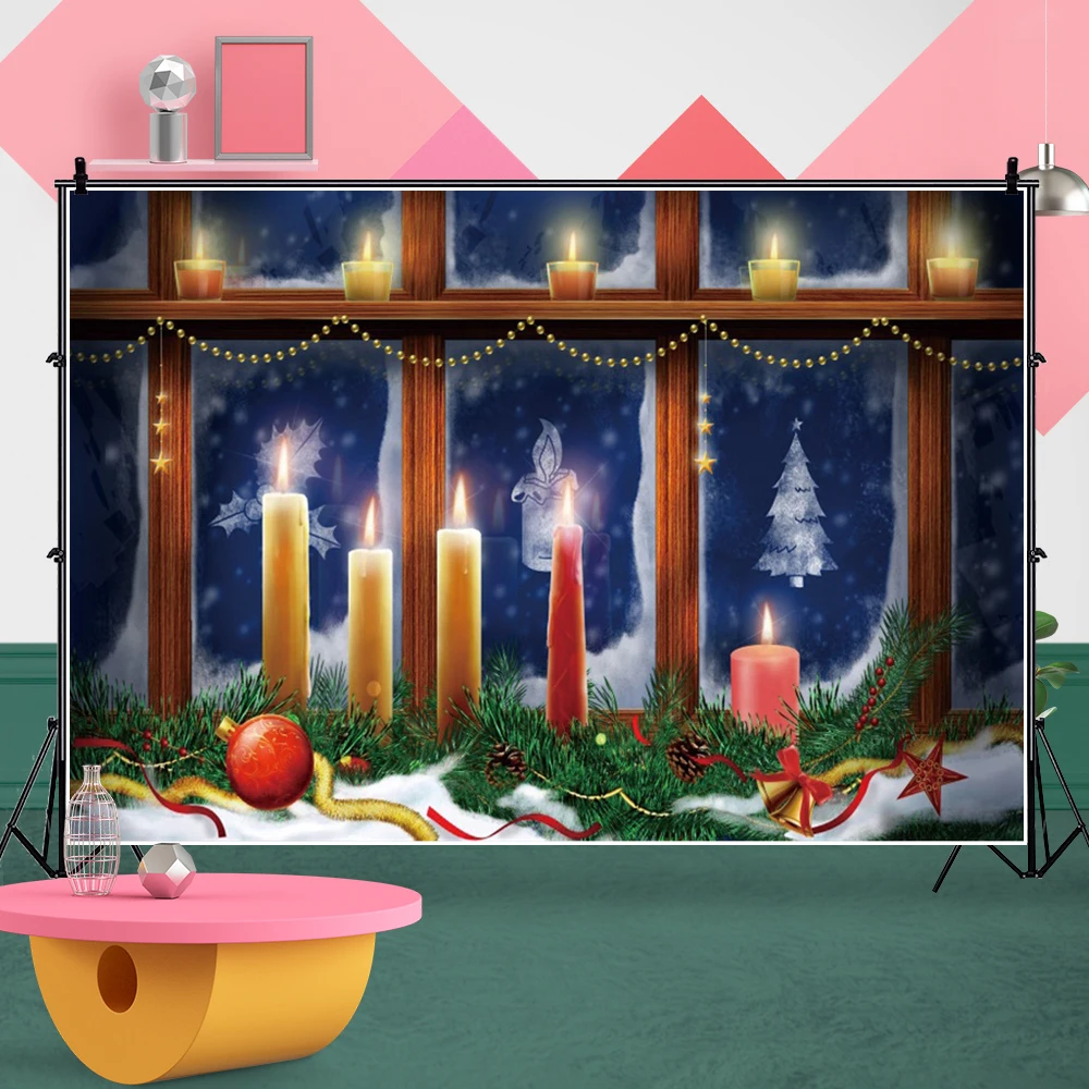 Laeacco คริสต์มาส Windowsill พื้นหลังเด็กวันเกิด Portrait เทียนคริสต์มาสต้นไม้ถ่ายภาพฉากหลังสำหรับ Photo Studi