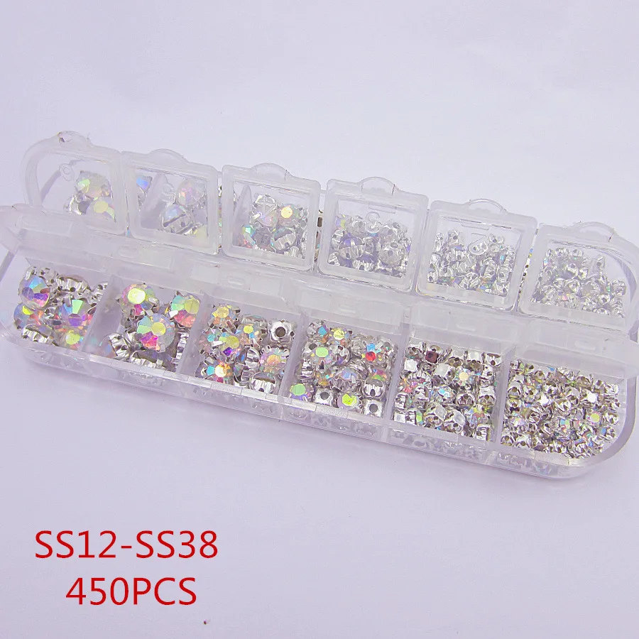 360pcs/450pcs SS12-SS38 Mix size Clear glass Crystal Silver/Golden Flatback Rhinestone sewing For Wedding dress jewelry.