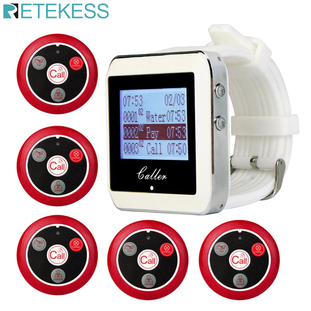 Retekess Restaurant Pager Wireless Calling System for Restaurant Cafe Bar Clinic Club Call Service Watch Receiver 5 Call Buttons