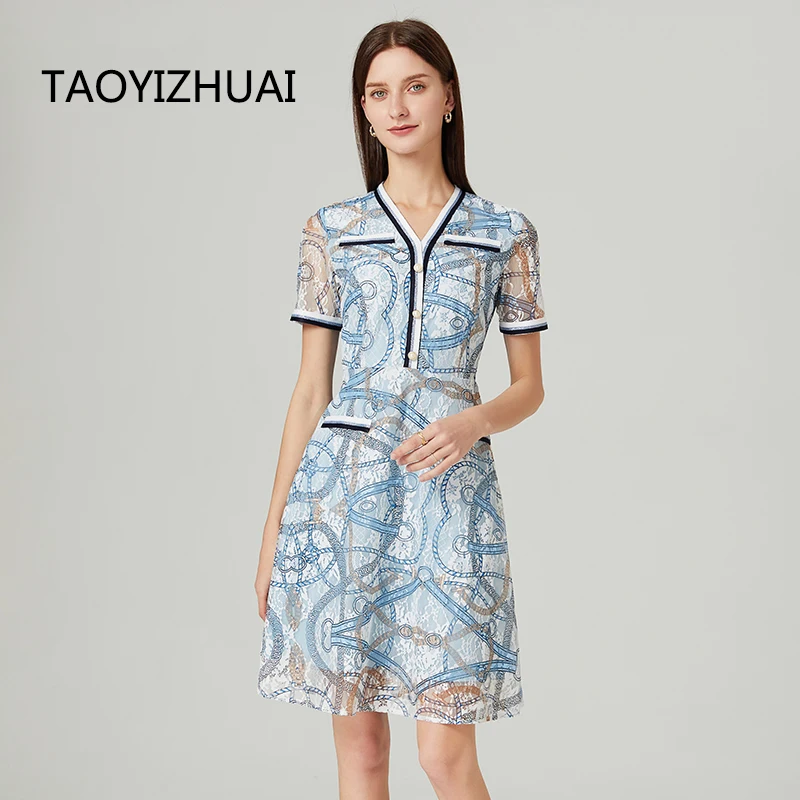 

TAOYIZHUAI Brand French niche lace dress women's large new summer dress with thin waist and short sleeves