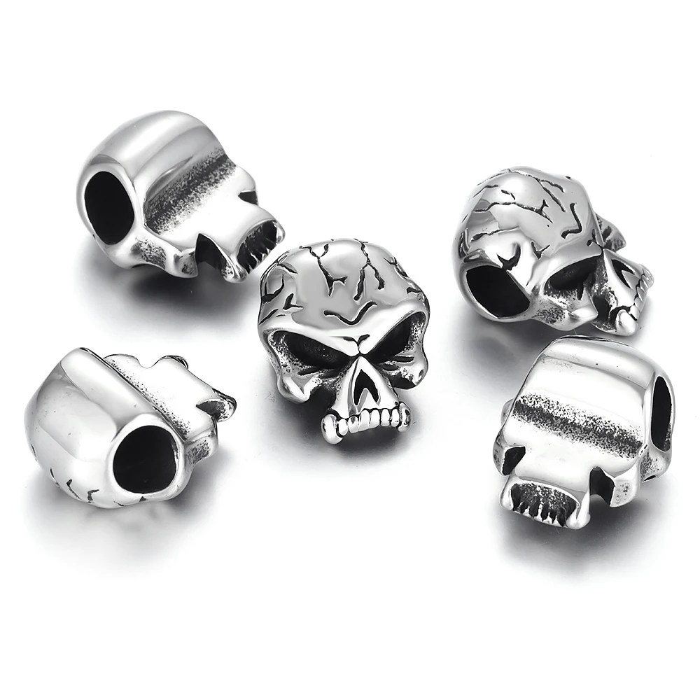 Stainless Steel Beads Skull Spacer Large Hole 6mm Slide Charm Pendant DIY Men Bracelet Making Supplies Jewelry Findings