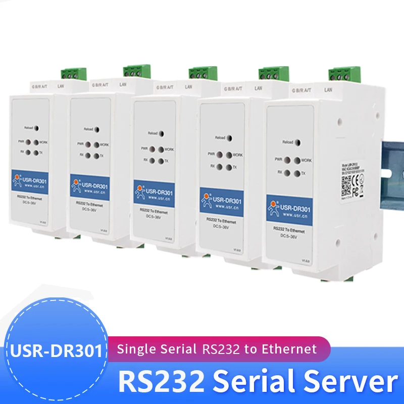 5PCS USR-DR301 DIN-Rail RS232 Serial port To Ethernet Converter bidirectional transparent transmission between RS232 and RJ45