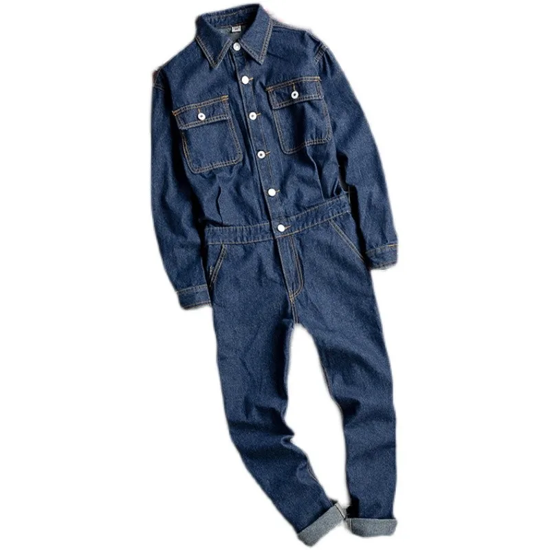 Safari Style Men Autumn One Piece Long Sleeve Denim Overalls Casual Work Cargo Pants Slim Jeans Jumpsuit Vintage Cowboy Rompers