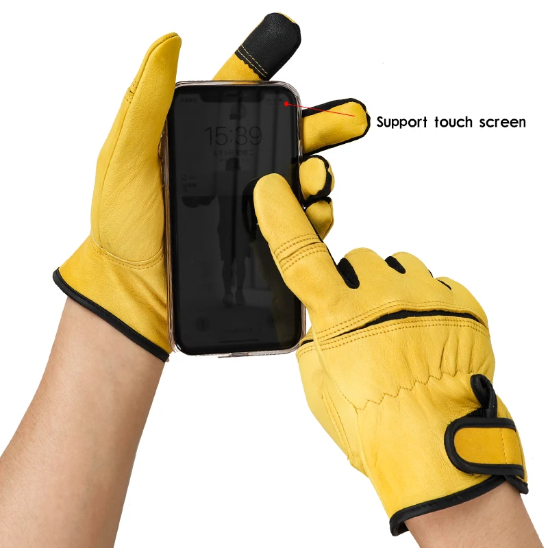 HENDUGLS 5pcs Sheepskin Leather Construction Factory Touchscreen Work Gloves Industrial Construction Safety Dock Airport 550MY