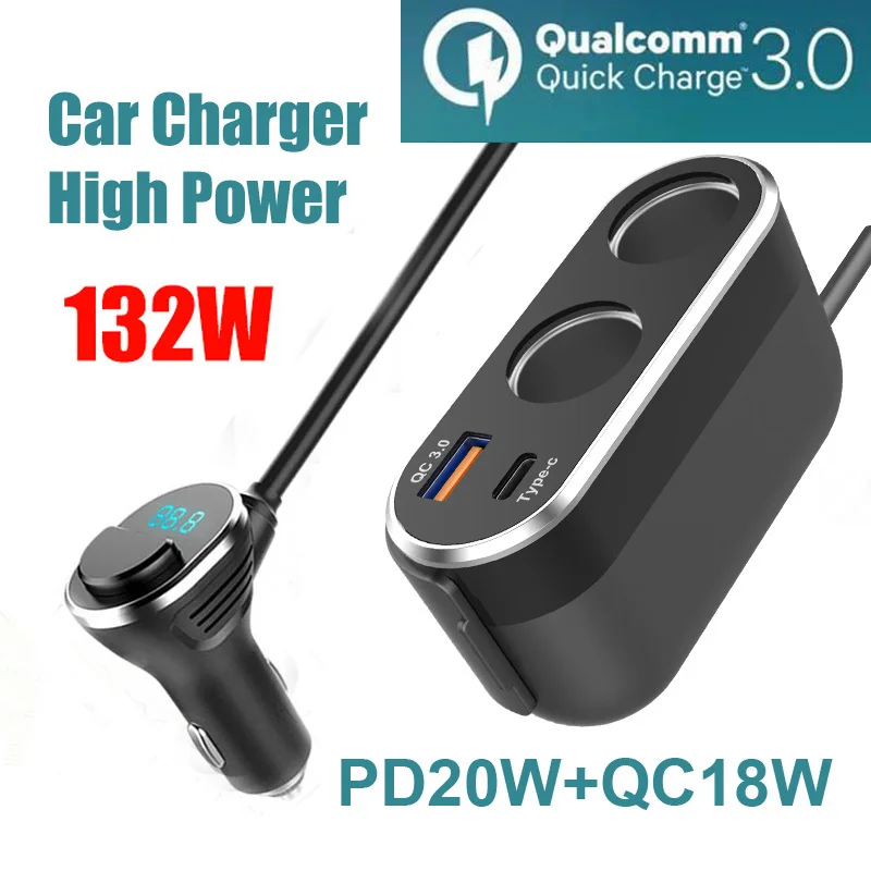 

Быстрое зарядное устройство QC3.0, 2 розетки USB C, 132 Вт, высокомощный автомобильный разветвитель постоянного тока со светодиодной подсветкой