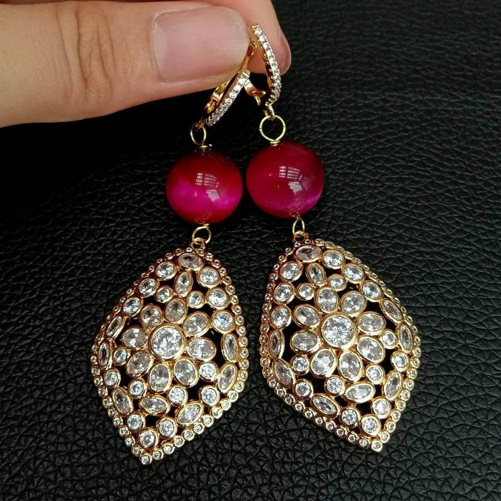 Fashion Designs Round Fuchsia 14mm Tiger Eye Cz pave Gold color Plated Leverback Earrings Cubic Zirconia  Drop dangle Earrings