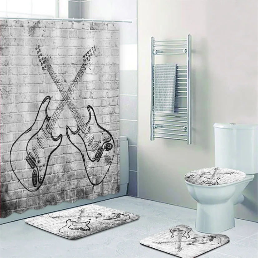 3D Cool Grunge Rock Music Poster on Brick Wall Bathroom Shower Curtains Set for Bathroom Vintage Punk Guitar Art Bath Mats Decor