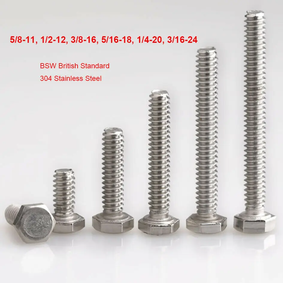 External Hex Head Screws BSW British Standard 304 A2 Stainless Steel Full Threaded Hexagon Bolts 5/8