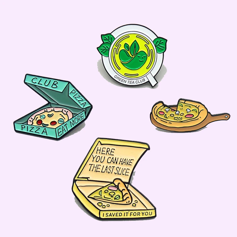 2021 New Arrival Green Plant Elf Pizza Food Enamel Jewelry Cartoon Pizza Club Takeaway Fast Food Badge Pendant Gifts