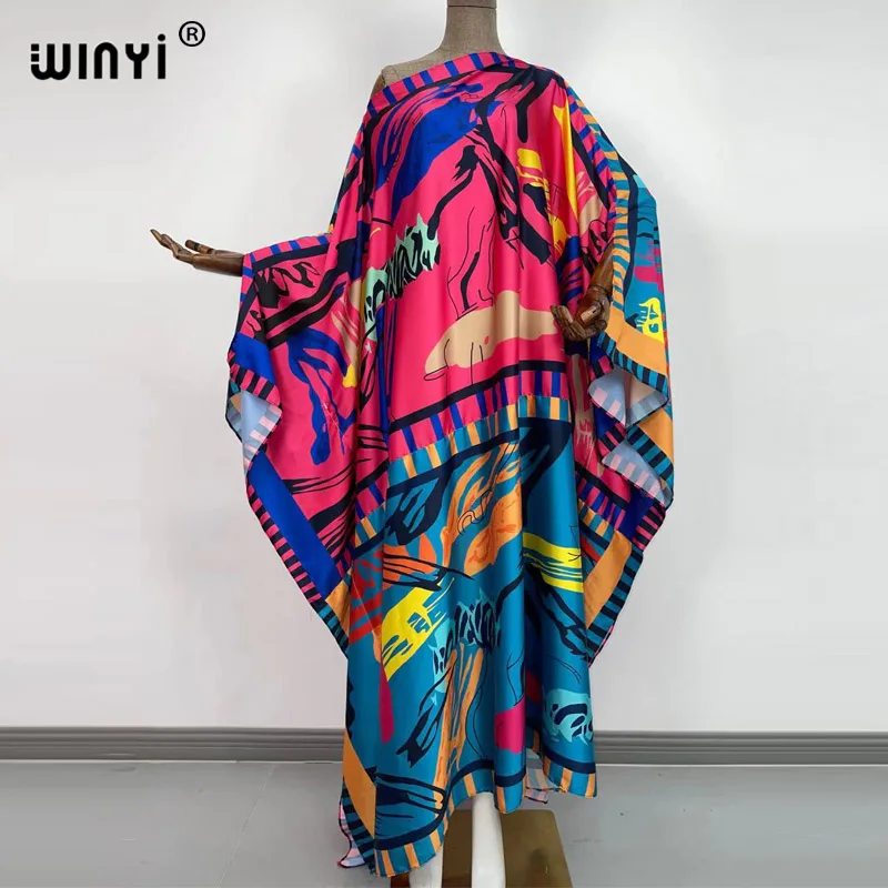 WINYI 2022 Elegant Summer Robe Runway Vintage Beach Long Kaftan Women\'s Fashion Batwing Sleeve Flower Print Loose party dress