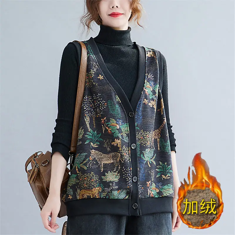 2021 Retro Print Plus Velvet Warm Vest Cardigan Jacket Women Large Size Casual Coat Sleeveless V-Neck Autumn Waistcoat Top M1286