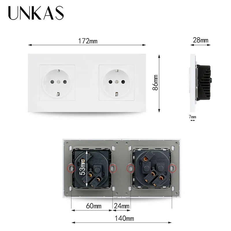 UNKAS Doppia Uscita 172 millimetri * 86 millimetri Bianco Della Parete Panel PC 2 Gang Zoccolo di Potere Della Spina di Messa A Terra, 16A Standard UE Elettrico