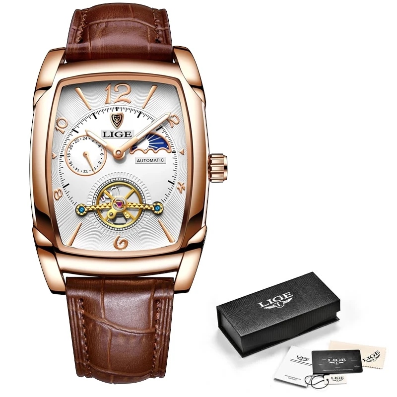 LIGE Top Brand Luxury Mens Watches Square Automatic Watch for Men Tourbillon Clock Genuine Leather Waterproof Mechanical Watch