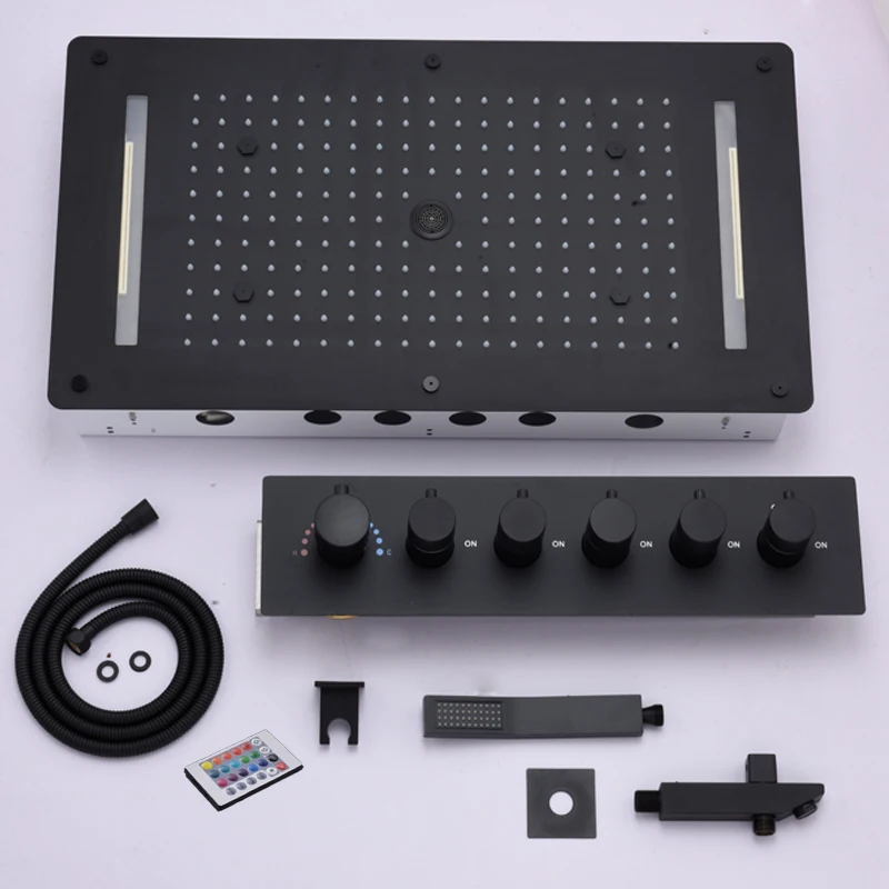 2026 Black Shower Set 5 Functions LED Bathroom Rainfall mist waterfall column shower system Thermostatic mixer Black surface