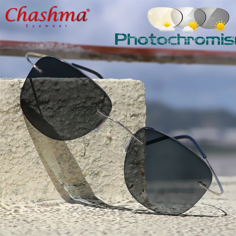 

NEW Titanium Transition Aviation Sunglasses Photochromic Myopia Glasses Rimless Eyeglasses Men with Diopters