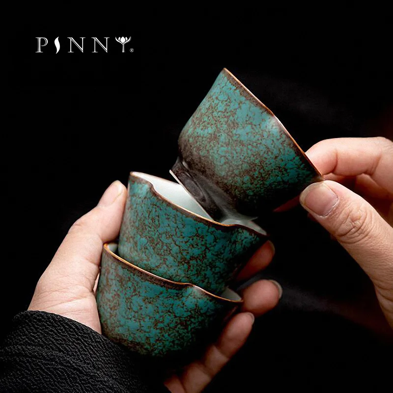 

PINNY 50ML Ceramic Turquoise Glaze Petal Teacups Chinese Kung Fu Tea Bowl Retro Heat Resistant Tea Cup